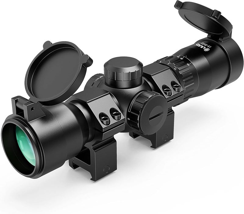UUQ 1.5-5x32 Crossbow Scope,Circles and Rangefinder Etched Glass Ballistic Reticle Optic, 250-450 FPS Red Green Illuminated,Compact Crossbow Scope for Hunting 20-100 Yards with 20mm Scope Rings - Image 1